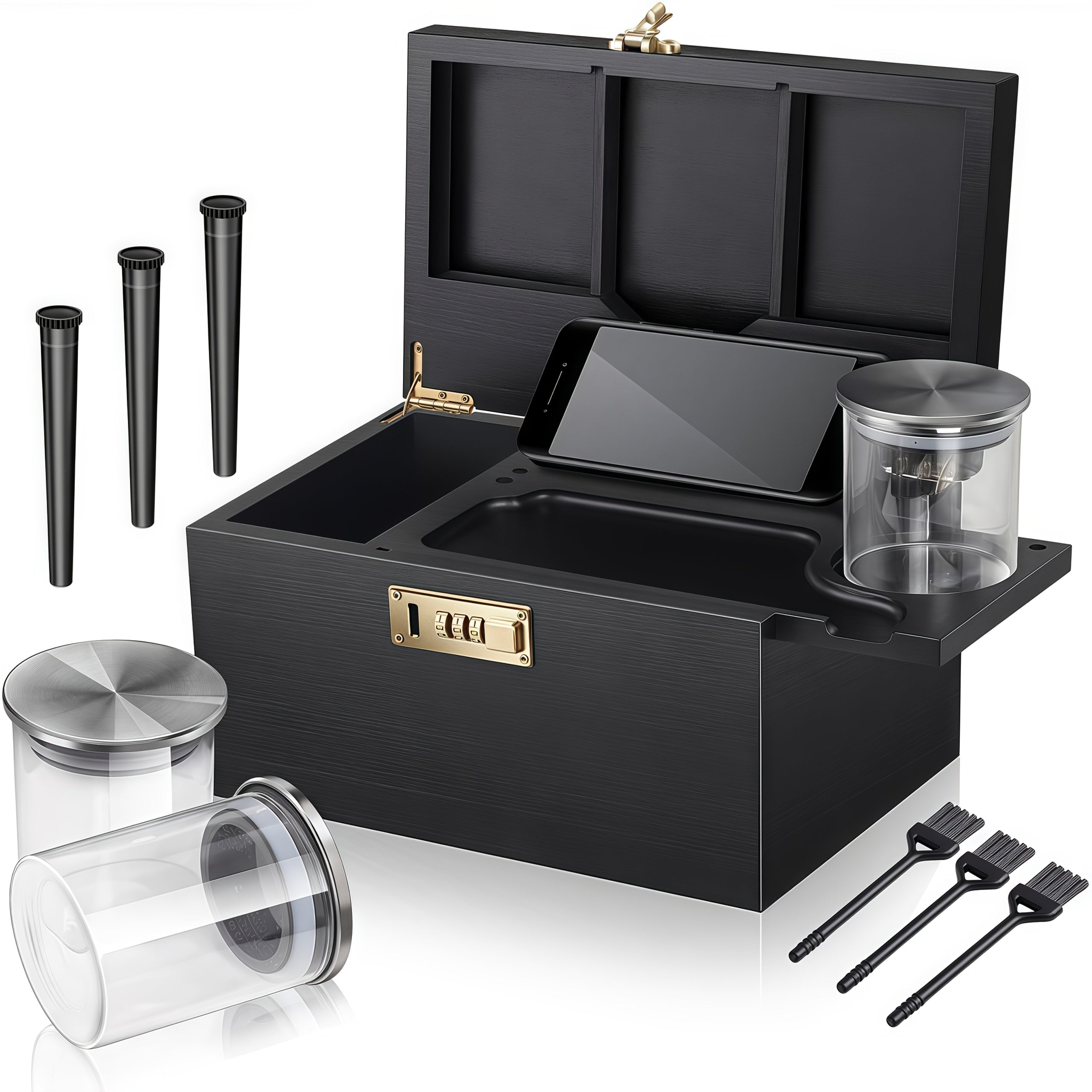 Bamboo Storage Box with Combination Lock Smell-Proof, Sliding Tray Detachable Compartments 3 Glass Jars Brushes Tubes, Wooden Stash Box Kit with Lock Elegant Gift Set for Essentials Organization