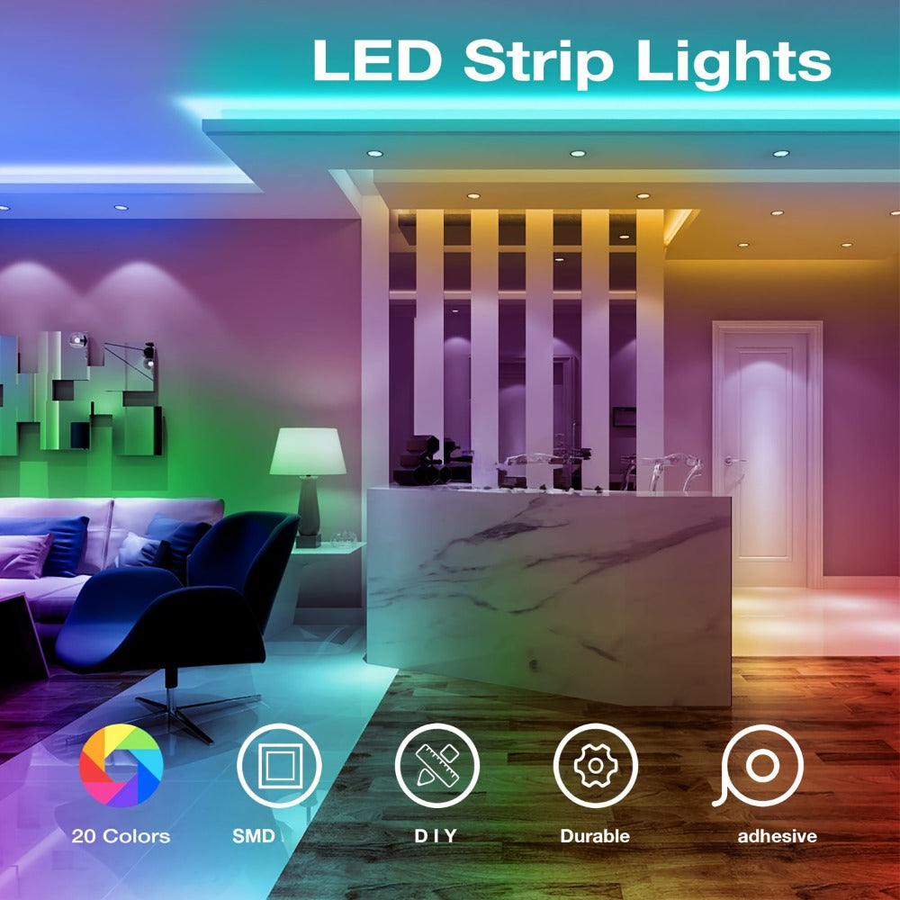 RGB LED Strip Lights 50ft/100ft ¨C Color Changing Tape Light with 44-Key Remote, 20 Colors & 8 Modes, Easy Install, for Bedroom, Living Room, Kitchen, Bar, Wedding & Party Decoration