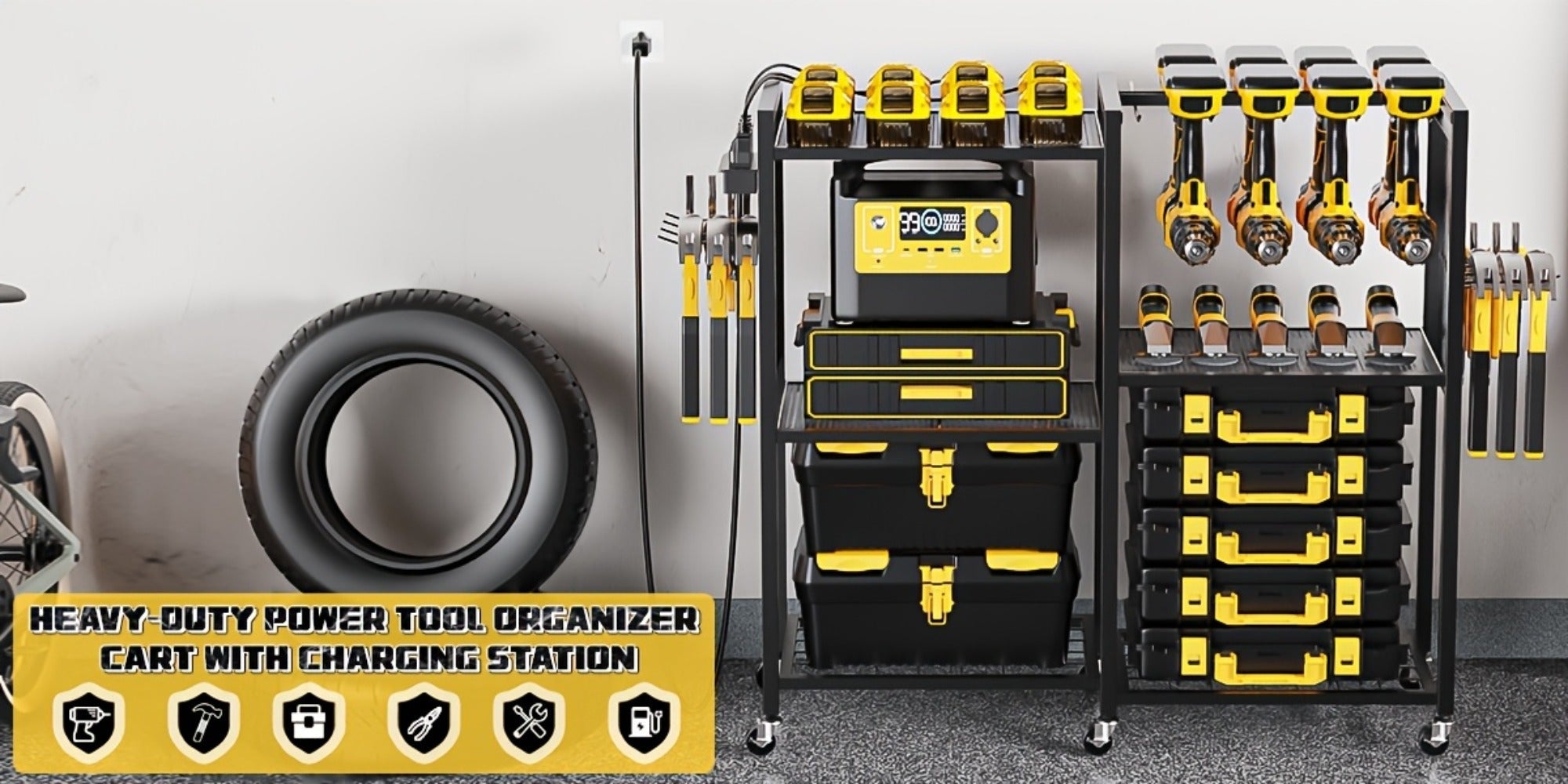 Mobile Tool Cart with Charging Station ¨C 12 Drill Holders & 5 Storage Shelves Power Tool Organizer | Rolling Utility Rack Toolbox with Battery Charging Power Strip for Garage & Workshop | 4 Colors