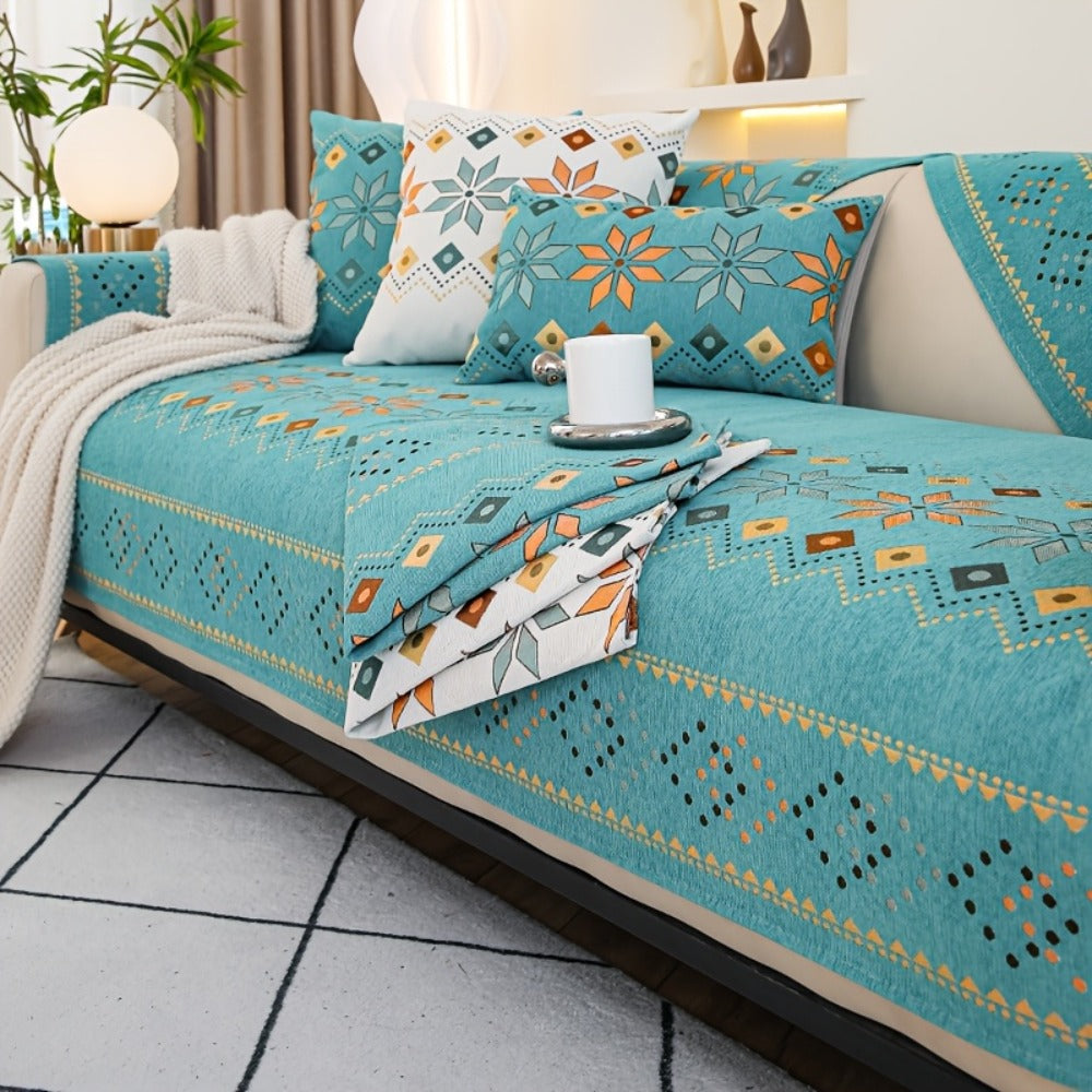 Chenille Sofa Cover Bohemian Style Jacquard Knit Anti-Slip Pet Friendly All Season Sofa Mat Protector - Single 2 3 4 Seater Armrest Backrest Pillow Case Grey White Yellow
