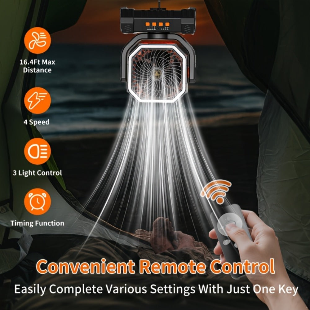 Camping Fan 20000mAh with LED Lantern and Remote Control, 4-Speed 90¡ã Oscillation 1-8H Timer, 59-Hour Battery Life Power Bank Fan with Hook for Tent, Hiking, Outdoor and Indoor Use