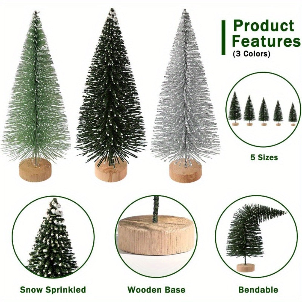 Mini Artificial Christmas Trees Set of 15, Bottle Brush Tabletop Trees with Wooden Base & Snowflake Sprinkles ¡ª Bendable Non-Lit Holiday Centerpieces for Christmas, Halloween & Thanksgiving Decor