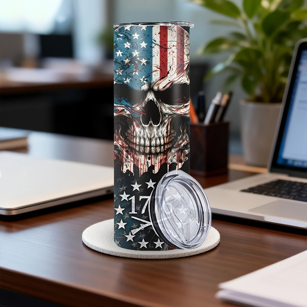Skull Tumbler 20oz Patriotic Skull Pattern Stainless Steel Insulated Cup with Lid & Straw Travel Coffee Mug Hot Cold Drinks Gift Birthday Halloween Christmas