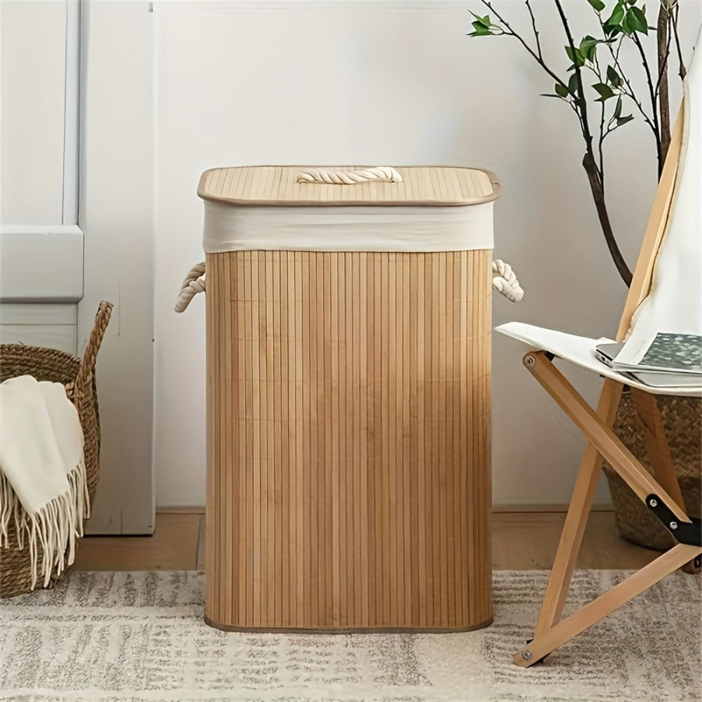 Collapsible Laundry Basket Bamboo Foldable Rattan Clothes Hamper - Space Saving Rectangular Storage Bin for Bedroom, Dorm Room & Bathroom, No Tools Assembly, Upgrade & Standard Models Available