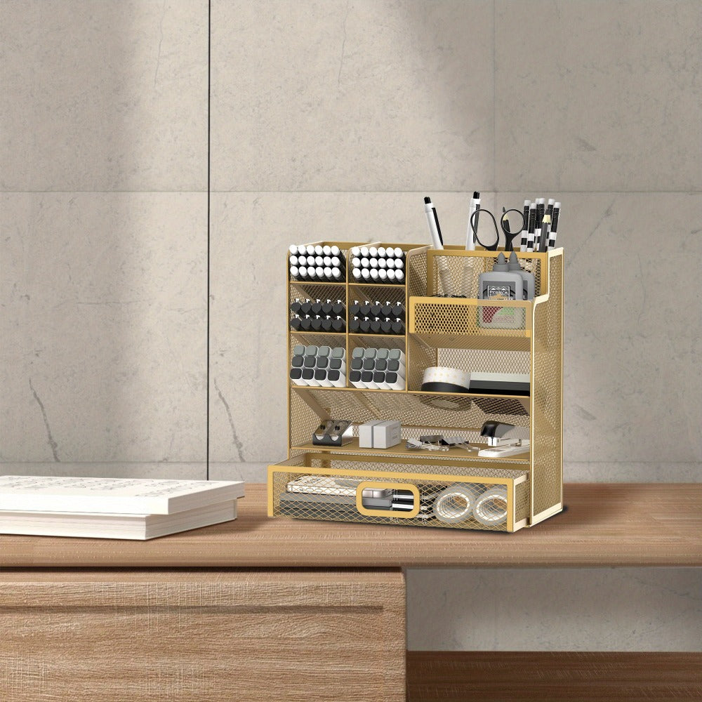 Mesh Desk Organizer with Drawer ¨C Multifunctional Desktop Pen Holder & Office Supply Organizer for Home Office, School & Art Studio ¨C Pencil Cup Caddy with Storage Compartments, Multiple Colors Available