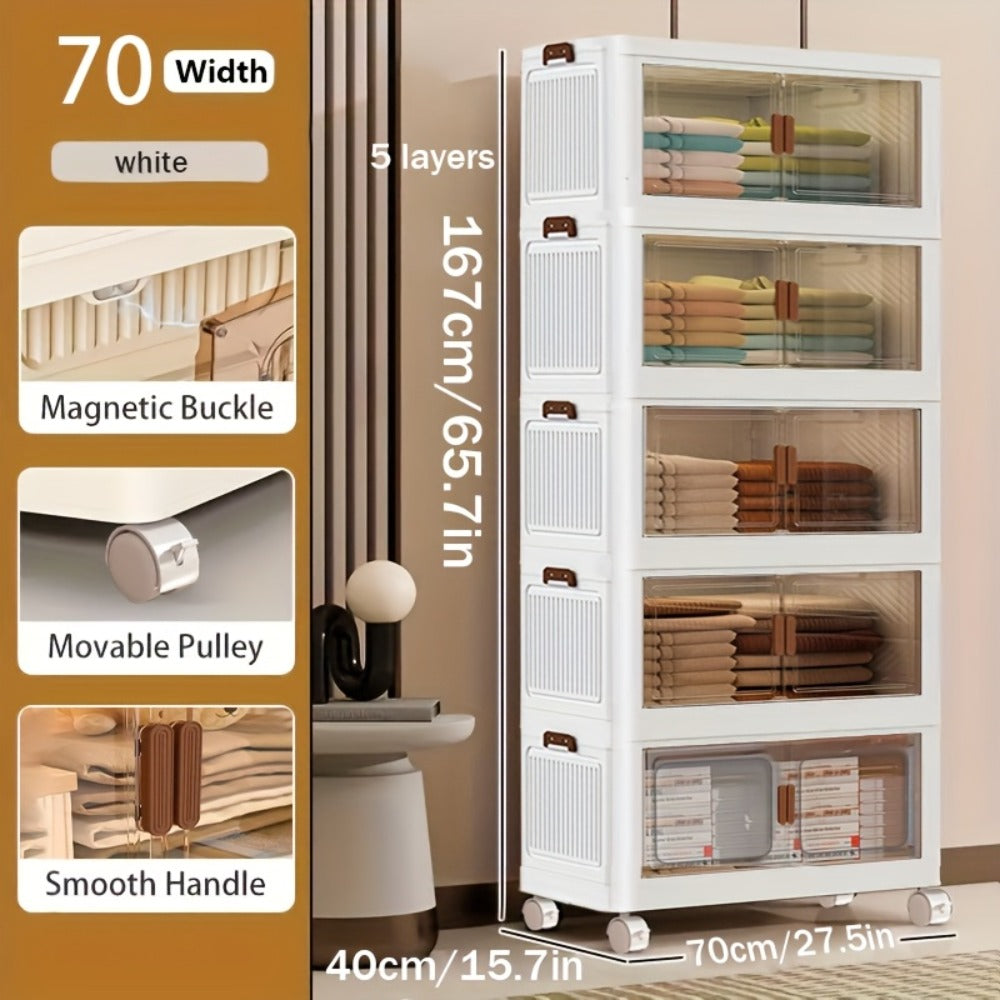 Stackable Storage Cabinet with Doors and Wheels | Collapsible Plastic Locker 1-5 Layers Large Capacity Home Organization for Bedroom Living Room Kitchen Easy Assembly Space Saving