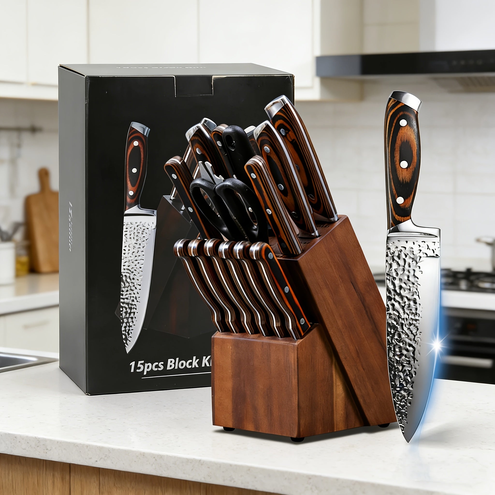 Kitchen Knife Set 15-Piece & 20-Piece Professional Chef Knives with Block Sharpener Ultra-Sharp Medium Carbon Stainless Steel Hammered Blade Wooden Handle Dishwasher Safe Gift for Men & Family