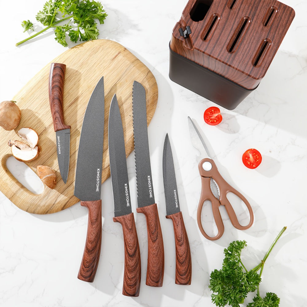 Kitchen Knife Set 7 Pcs with Knife Rack ¨C Stainless Steel Chef Knife, Bread Knife, Replaceable Blade Knife, Multi-Purpose Knife, Fruit Knife & Kitchen Scissors for Home Cooking