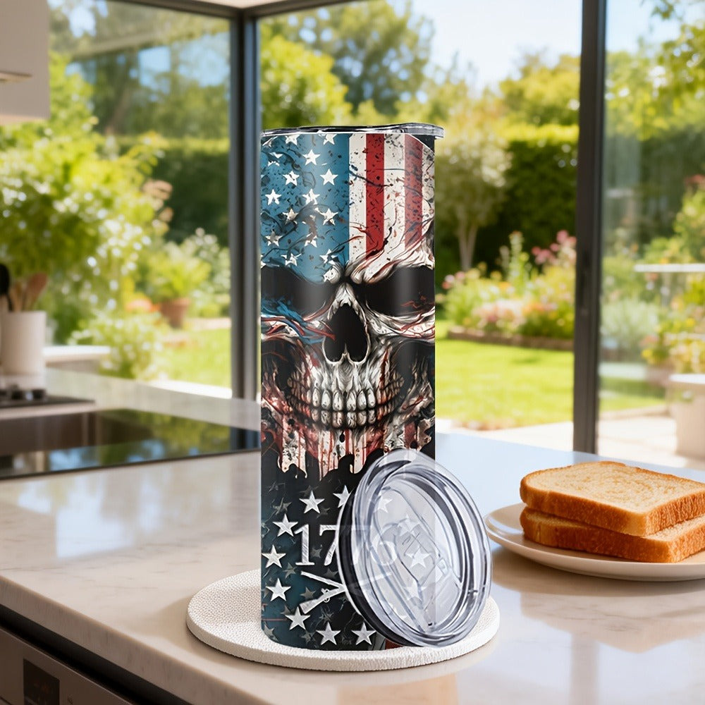 Skull Tumbler 20oz Patriotic Skull Pattern Stainless Steel Insulated Cup with Lid & Straw Travel Coffee Mug Hot Cold Drinks Gift Birthday Halloween Christmas