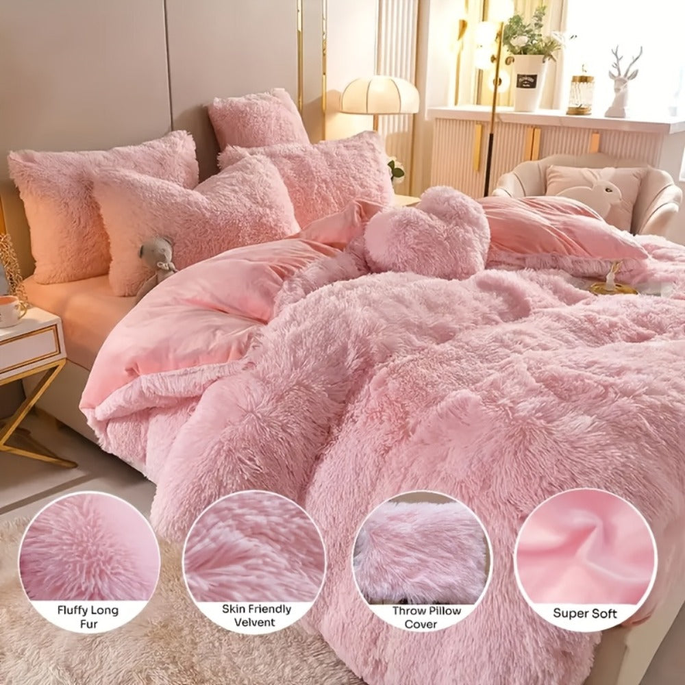 Faux Fur Duvet Cover Set Twin Queen King Super Soft Plush Comforter Cover with Pillowcases Heart Pillow for Kids Teens Machine Washable Bedroom Decor