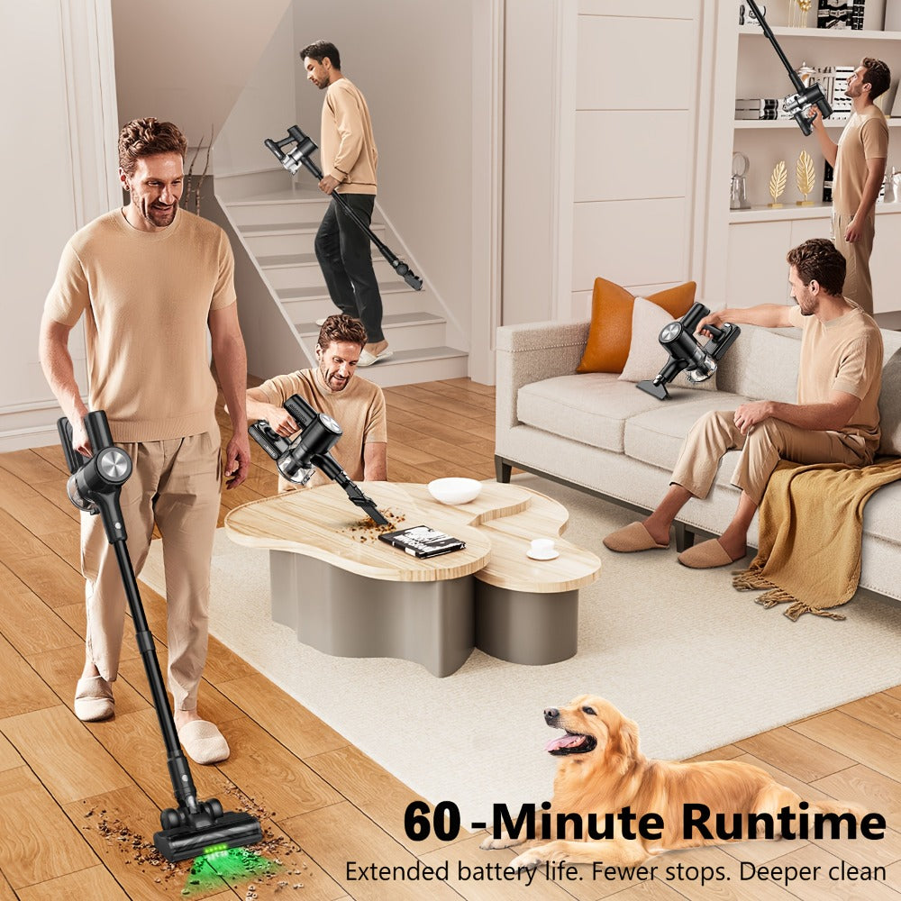 Cordless Stick Vacuum Cleaner 45KPA 8-in-1 Lightweight with Anti-Tangle Brush Green Light Detection for Carpet Pet Hair Hardwood Tile Floor