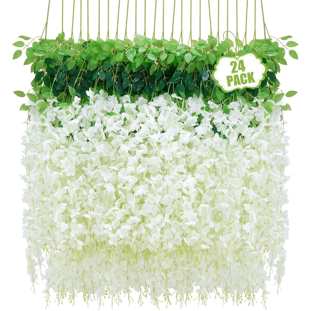 Artificial Wisteria Hanging Flowers 24 Pack - 3.6 Ft Fake Silk Wisteria Vine Garland for Wedding Arch, Garden, Wall & Party Decoration, Available in White, Pink, Blue, Purple & Light Pink