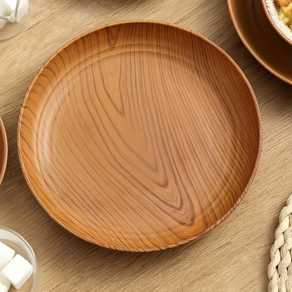 10pcs Wood Grain Dinner Plates Set - Round Striped Plastic Serving Trays for Home Kitchen Dessert Shop Restaurant | Fruit Tray Tea Tray Cake Plate Snack Dish