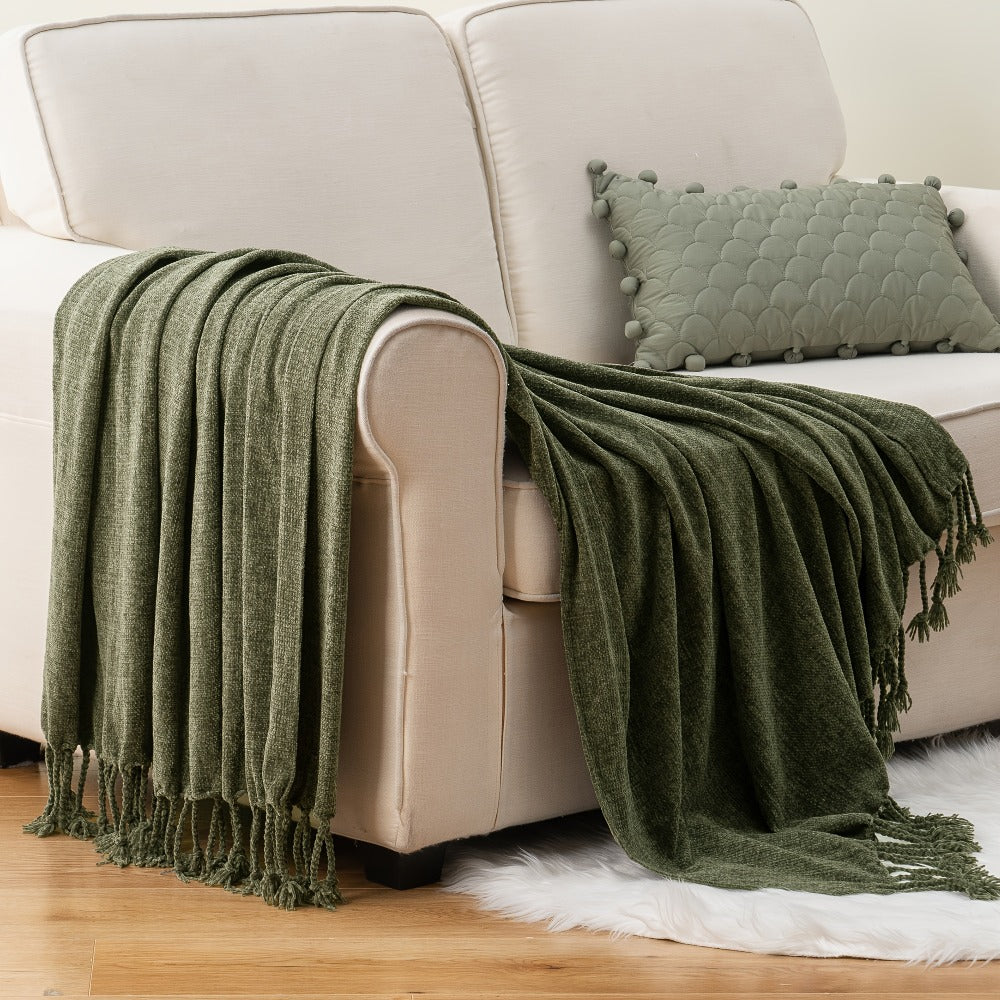 Chenille Fringe Throw Blanket ¨C 180-200gsm Velvety Soft Decorative Throw for Sofa & Couch, Home Decor, 50¡±¡Á60¡±, 17 Colors