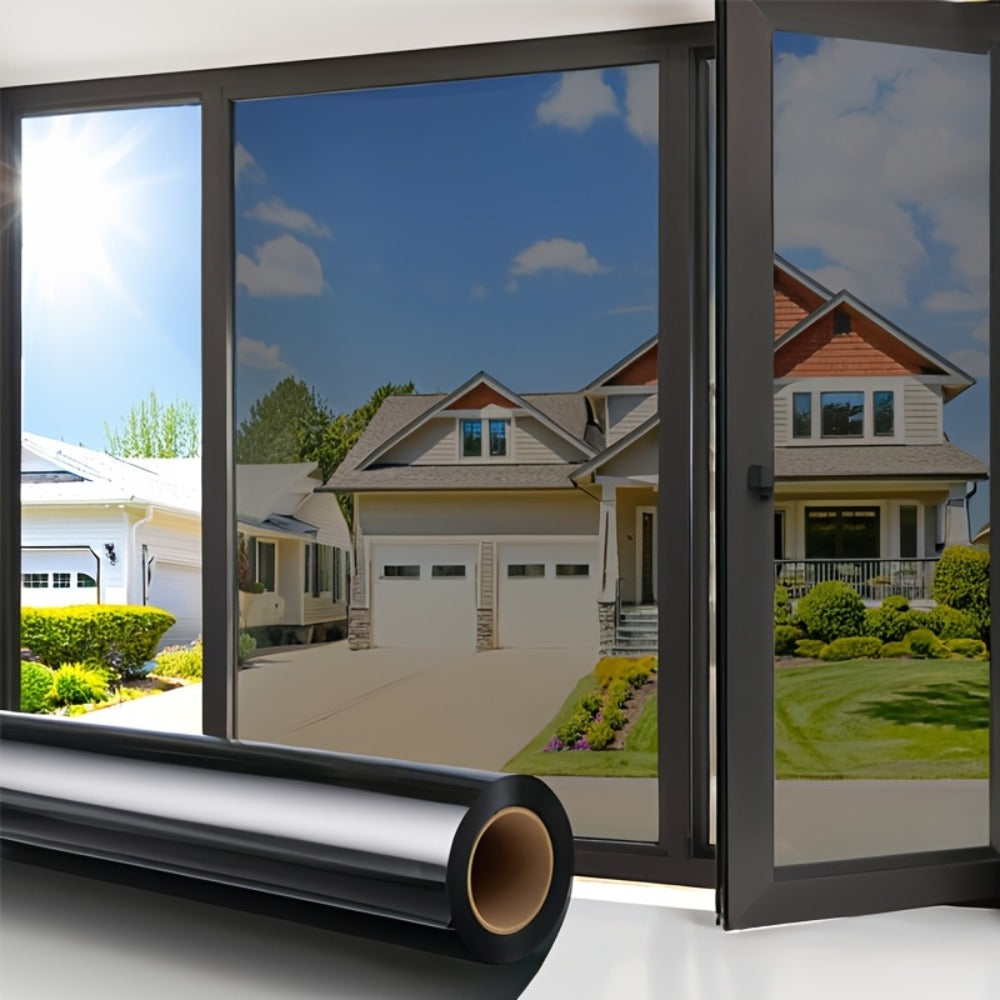 One Way Window Privacy Film Static Cling No Glue UV Blocking Heat Control Reflective Mirror Film for Home Office Bathroom, 12 Mil, Black Blue Gray Silver