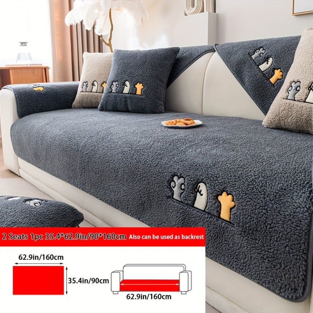 Plush Shearling Sofa Cover Non-Slip Pet-Friendly Couch Protector Animal Bone Embroidery Soft Warm for Living Room Bedroom Office 2 3 4 Seater