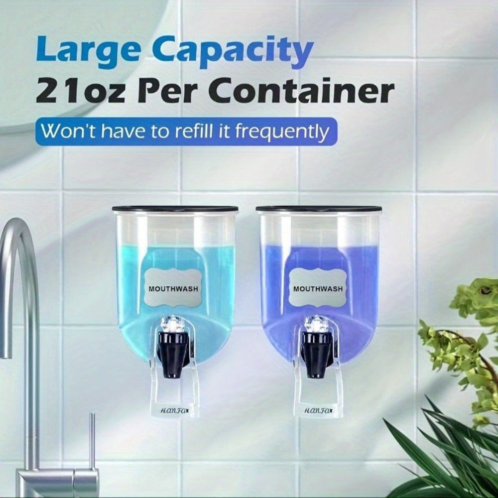 Mouthwash Dispenser Wall Mounted 2-Pack 21 oz Plastic Container - No Electricity Required, Space Saving Bathroom Organizer for Countertop Storage, Durable Refillable Liquid Soap & Rinse Dispenser