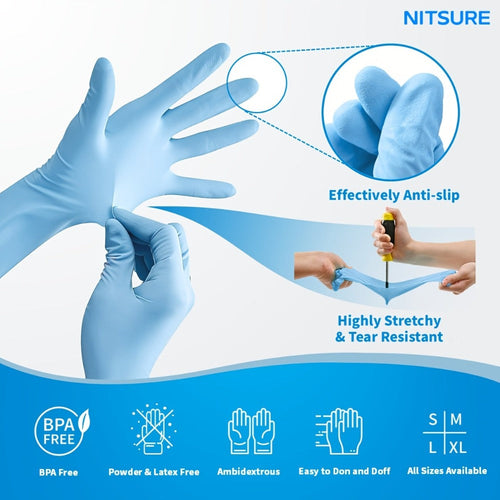 Blue Nitrile Disposable Gloves 5.5 Mil, Bulk Pack 101/201/501/1000 Count, Latex-Free Powder-Free Chemical Resistant Elastic Fit, for Household Cleaning, Tattooing, Painting, Car Washing & Maintenance