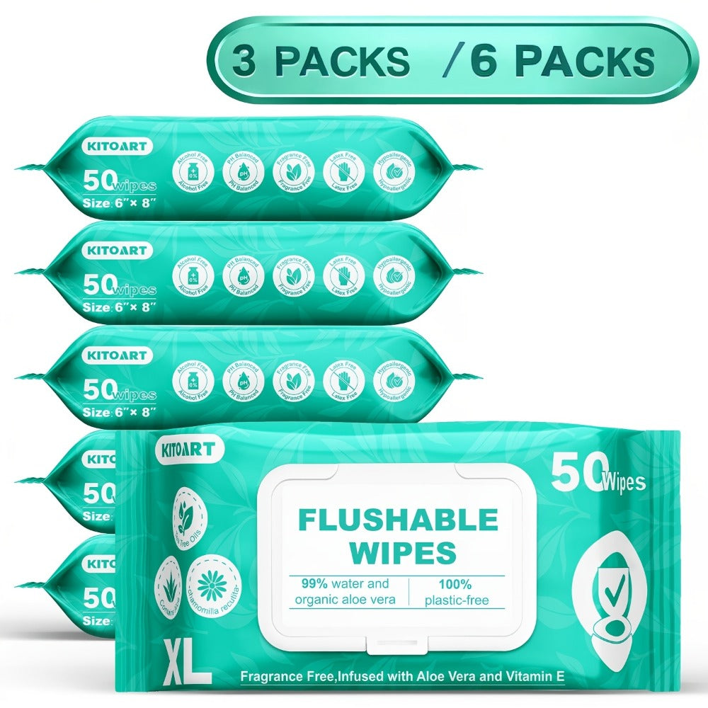 Flushable Wet Wipes Adult XL Unscented No Alcohol Septic Safe Toilet Wipes Portable Family Size for Bathroom Outdoor Camping Travel Hygiene 150 or 300 Wipes 3 or 6 Pack