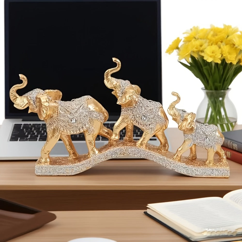Golden Elephant Figurine Set of 3 - Lucky Elephant Statue Home Decor, Resin Elephant Family Sculpture for Living Room TV Cabinet Office Desktop, Wealth Attracting Housewarming Gift, 14 Inch