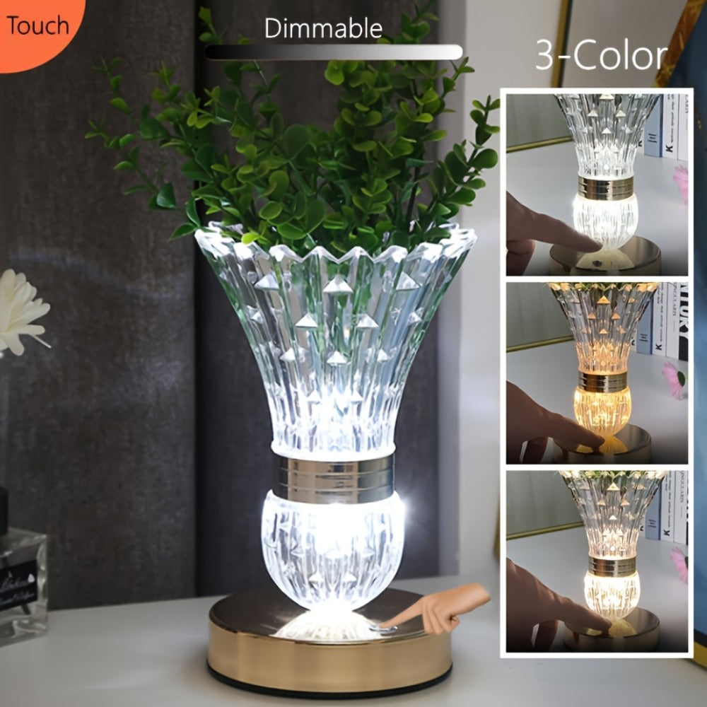Crystal Vase Table Lamp Touch Control USB Rechargeable Adjustable Brightness Bedside Night Light