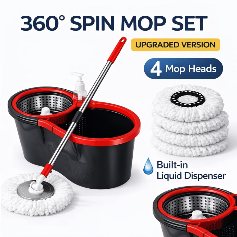 Spin Mop and Bucket Set 360¡ã with 4 Microfiber Mop Heads ¨C Wringer Bucket Floor Cleaning Kit for Hardwood Tile Laminate ¨C Spinning Mop System Home Kitchen