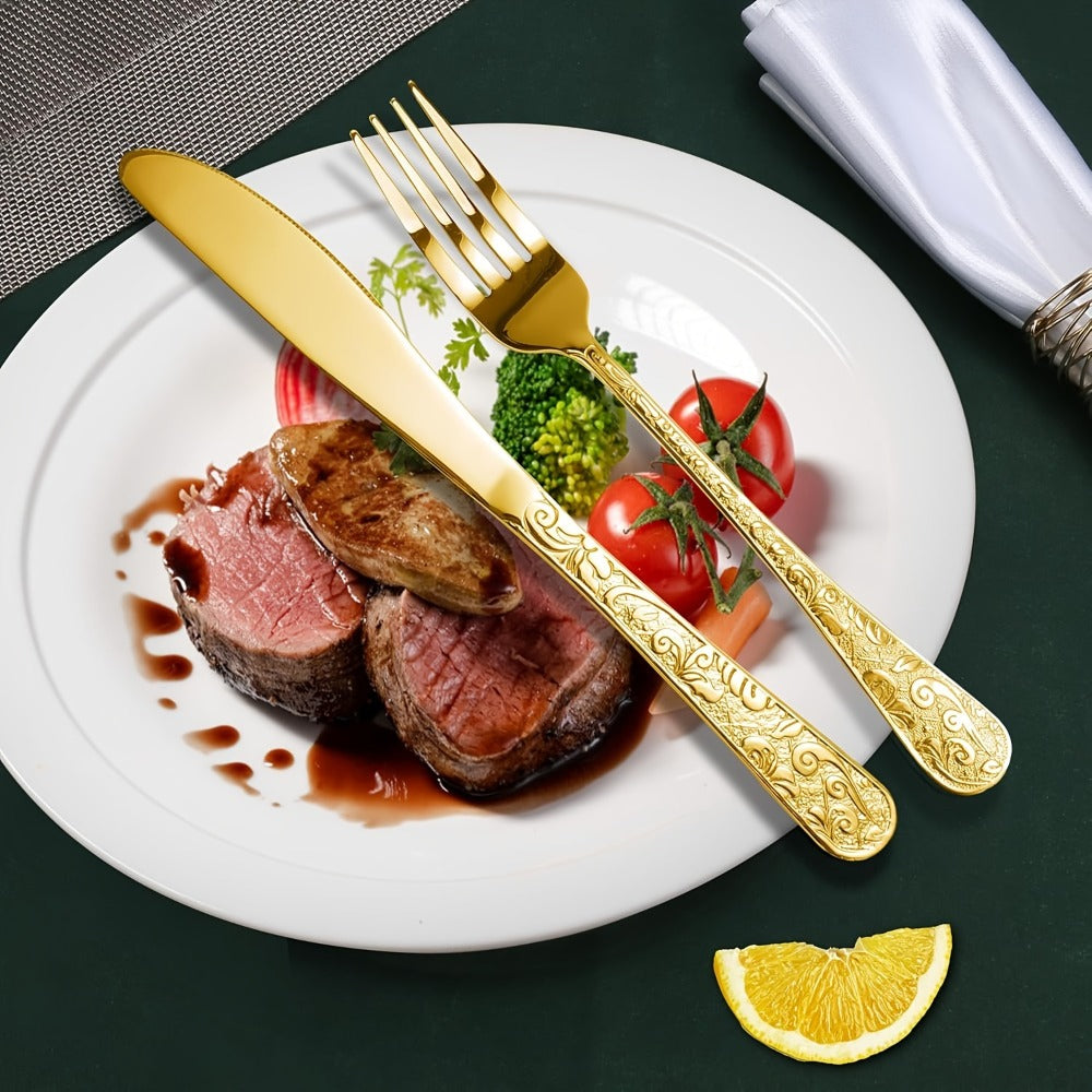 Flatware Set Stainless Steel Vintage Carved Cutlery Set Knife Fork Spoon Dishwasher Safe for Family Gatherings Holiday Parties Kitchen Decor