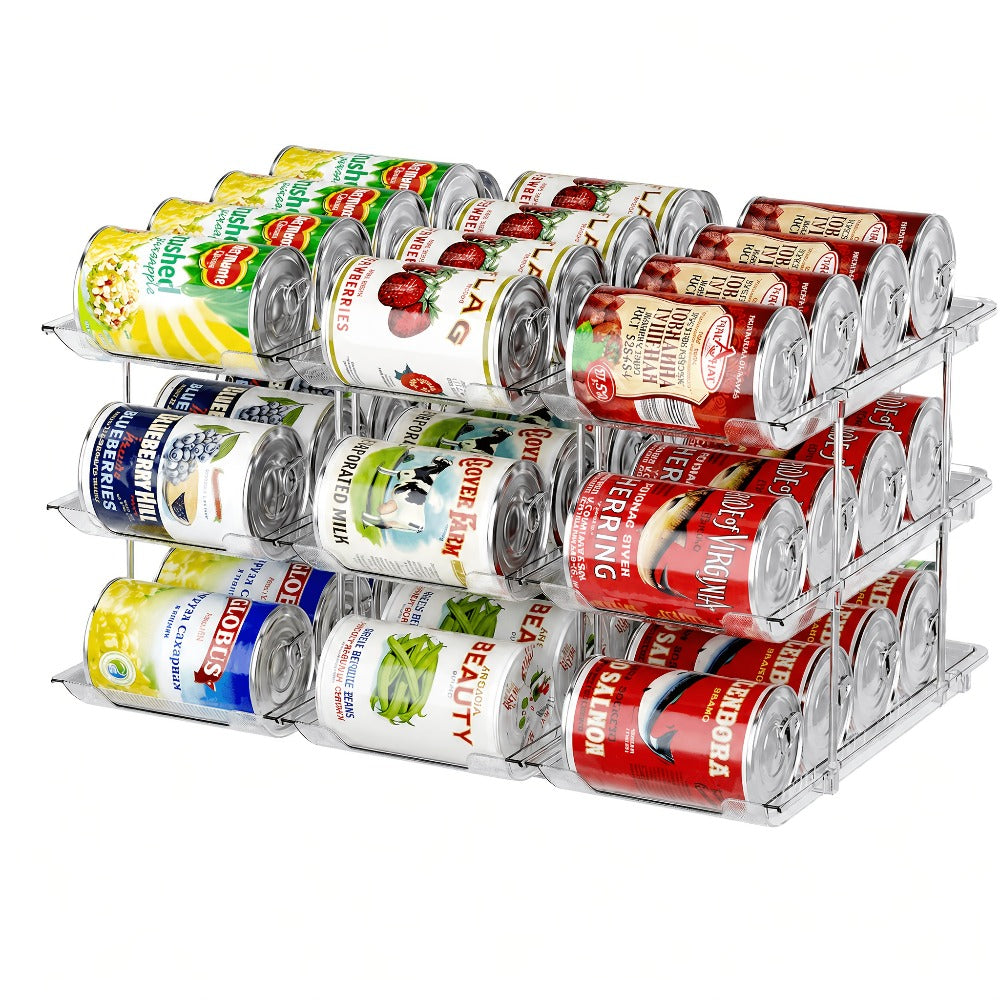Can Storage Rack Pantry Organizer 36-Can Capacity 3-Tier Auto-Rolling Stackable | Transparent PET Canned Food Organizer for Kitchen Pantry Garage Dorm | Tool-Free Assembly for Soda Soup Vegetable Cans