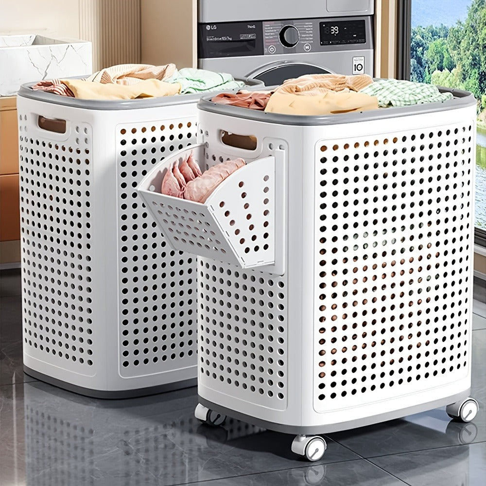 Wheeled Laundry Hamper Large Foldable with Dividers & Dust-Proof Lid ¨C 360¡ã Breathable Mesh Basket on Wheels, Reinforced Steel Base, Portable Clothes Organizer for Bedroom, Bathroom & Dorm