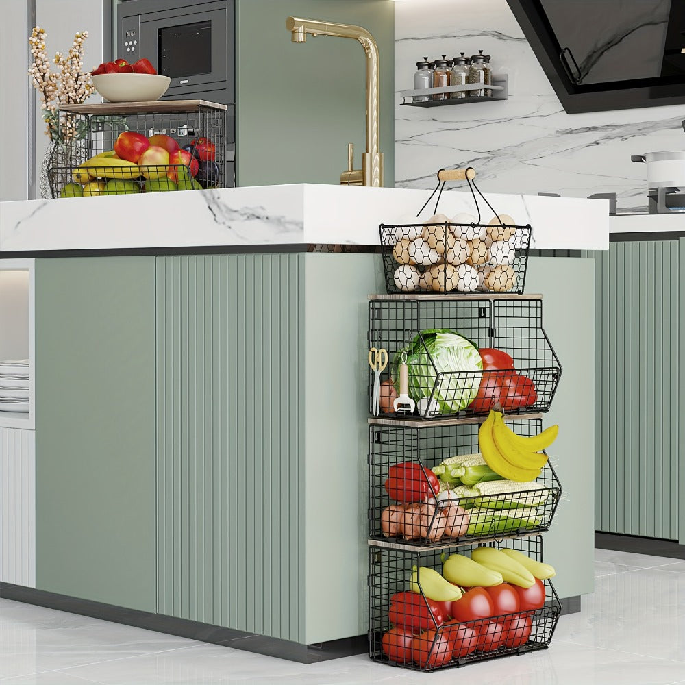 Stackable Metal Wire Fruit Basket with Lid ¨C 1 or 2-Tier Hanging Kitchen Pantry Storage Bin, Wall-Mounted or Countertop Vegetable Organizer for Potato, Onion & Produce, Black