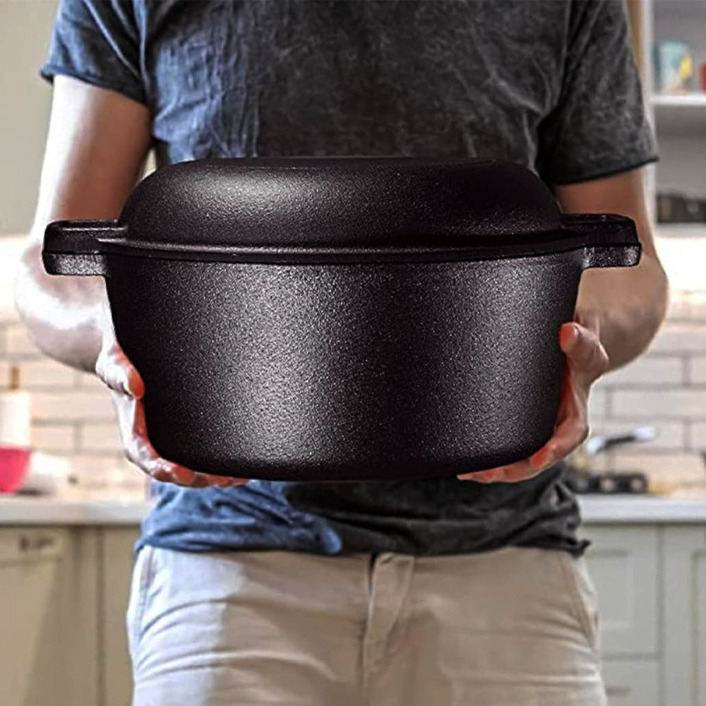 Cast Iron Dutch Oven Set ¨C 6.1QT Deep Pot + 1.9QT Frying Pot, 2-in-1 Cookware with Silicone Handles, Iron Frame & Scraper, Oven, Stovetop, Induction & BBQ Compatible, 6-Pack Bundle
