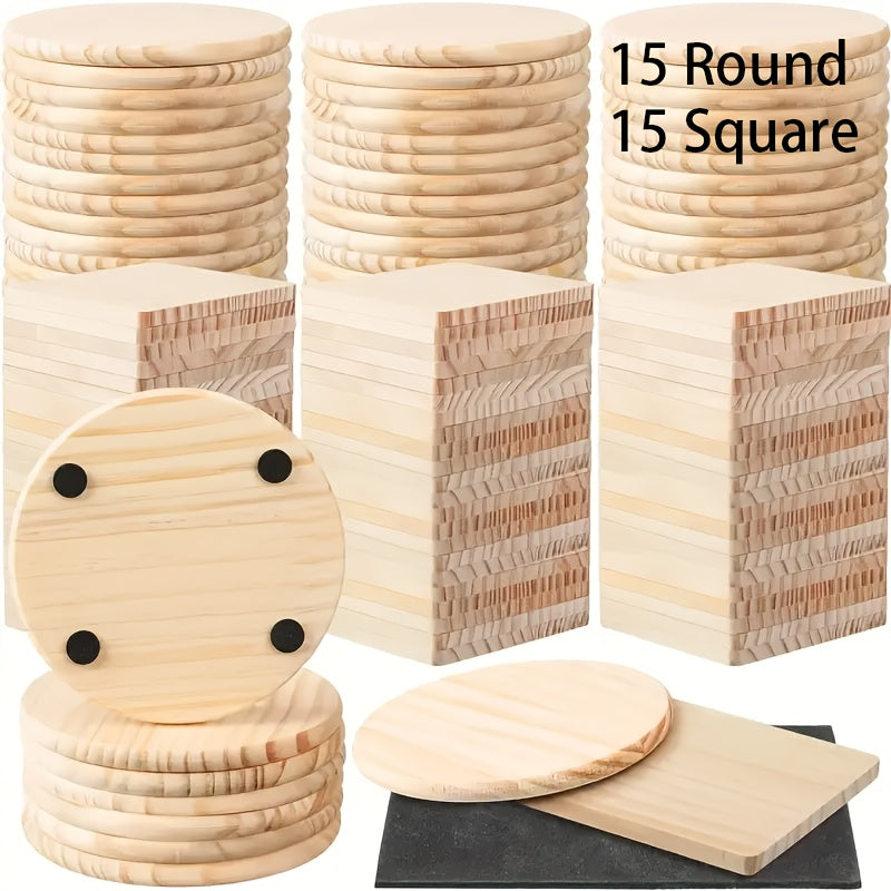 Unfinished Wood Coasters for Crafts 4 Inch Square and Round Wooden Coasters with Non-Slip Pad for DIY Engraving Staining Painting Drinks Coffee Table Home Kitchen 30 or 60pcs