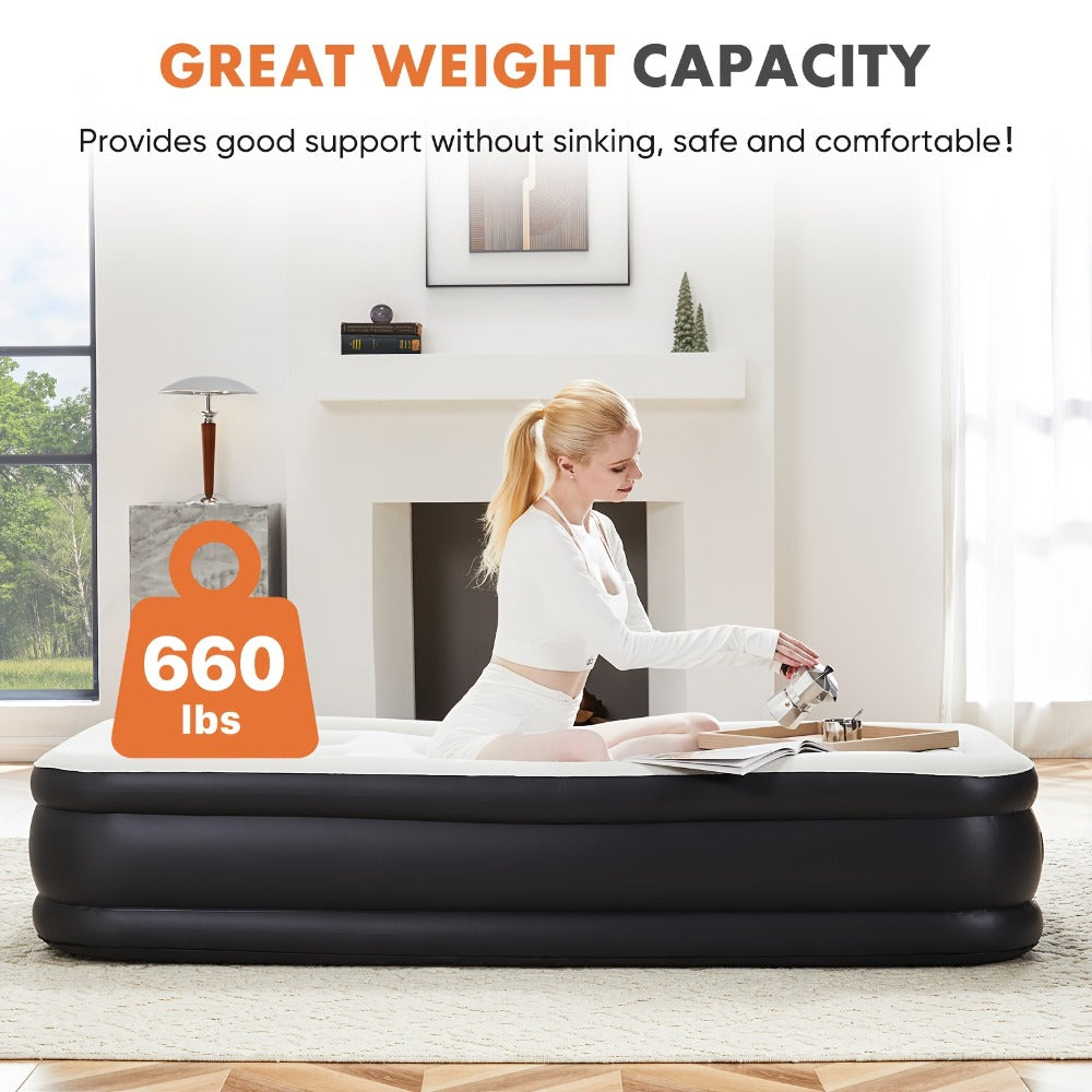 Air Mattress with Coil Beam Support | 660 lbs Capacity Plush Velvety Top Non-Slip Bottom - Guest Bed Inflatable Mattress for Camping & Home, Multiple Sizes & Heights, Stable on Floors & Carpets
