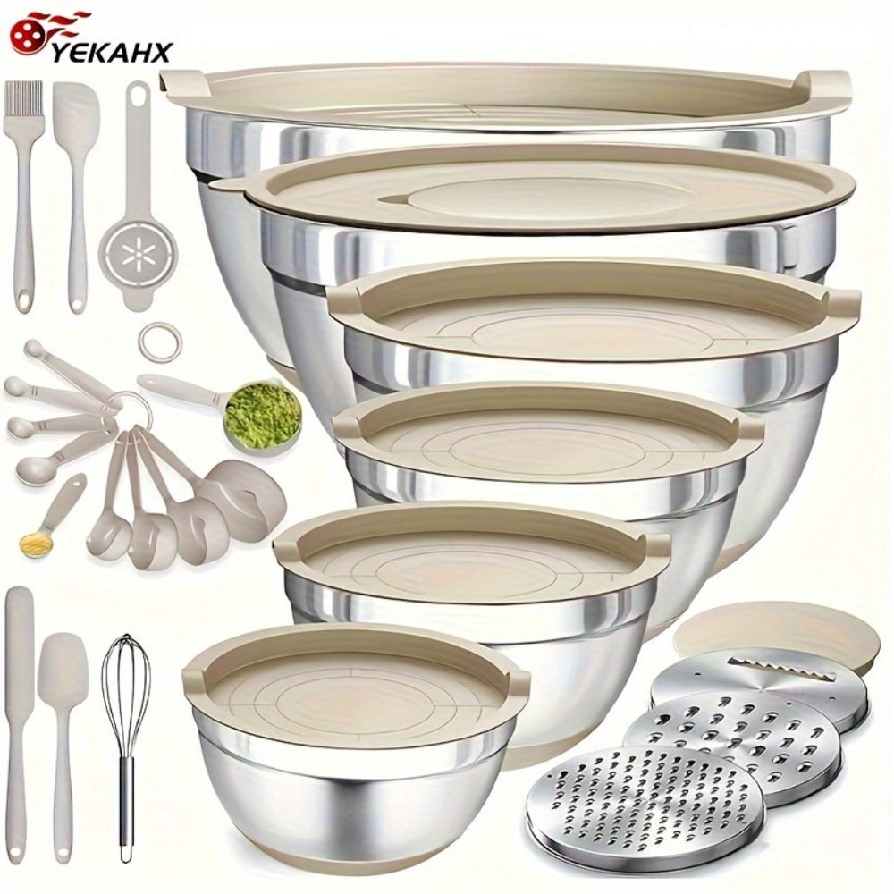 Stainless Steel Mixing Bowls with Airtight Lids 26pcs Set, 3 Grater Attachments, Non-Slip Bottoms, 7Qt 4Qt 2.5Qt 2Qt 1.5Qt 1Qt, Nesting Bowls for Mixing Serving Salad Baking