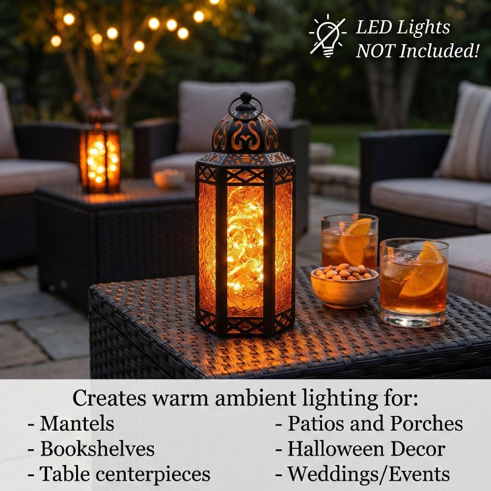 Moroccan Candle Lantern Holder - Decorative Metal & Glass Lantern with Embossed Floral Design for Indoor Home Decor, Garden, Patio, Weddings, Ramadan, Halloween & Holiday Celebrations - 10.5¡± Tall Medium Size
