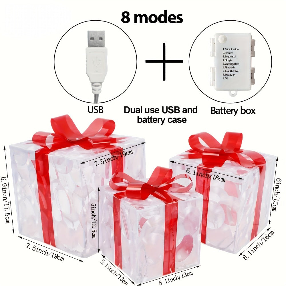 Christmas Light-Up Gift Boxes Set of 3 ¨C USB & Battery LED Warm White Lighted Decorations with Timer, 8 Lighting Modes, Red Bow, Indoor Outdoor Holiday Home Decor