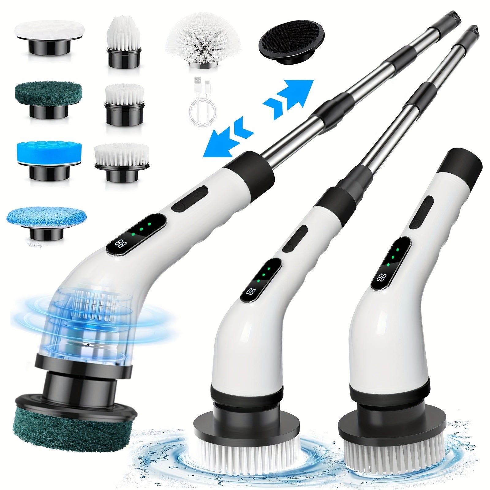 Electric Spin Scrubber with 7 Brush Heads & Adjustable Handle ¨C Dual-Speed Cordless Power Scrubber for Bathroom, Tub, Tile, Floor & Shower Cleaning