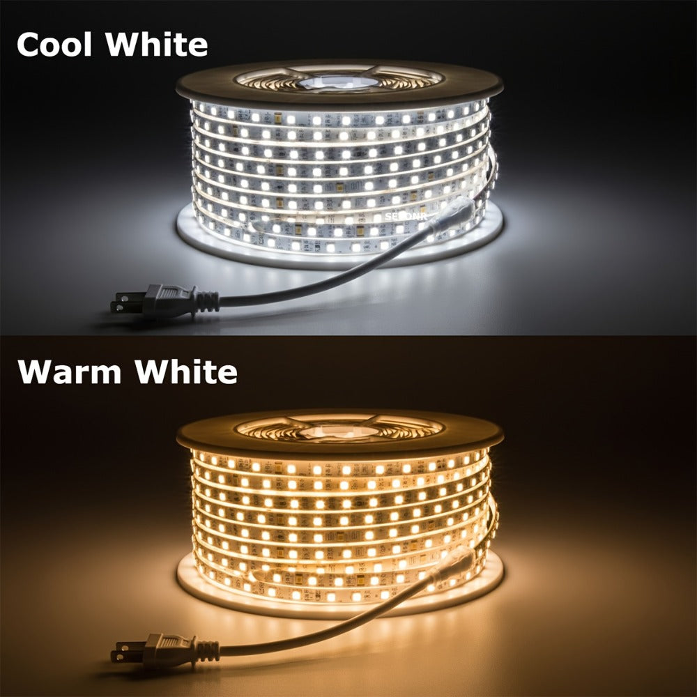 Waterproof LED Strip Lights 110V AC, IP65 120LEDs/Meter Ultra Bright LED Tape Light, Plug and Play Adhesive LED Ribbon for Outdoor Indoor Kitchen Garden Home Room Decoration, Warm White & Cool White