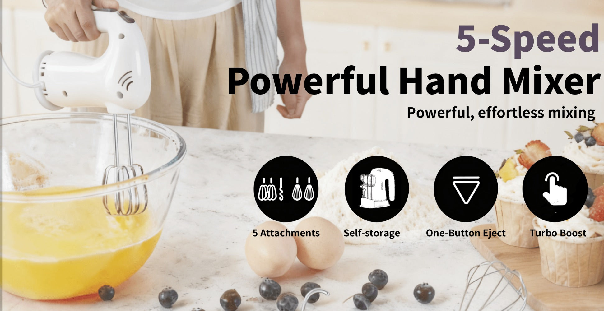 Hand Mixer Electric 400W with Storage Stand & 5-Speed Turbo Boost ¨C 5 Stainless Steel Attachments for Baking Cream Cake Dough Cookie