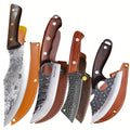 Chef Knife Set Stainless Steel, Professional Kitchen Knife Set with Boning Knife & Utility Knife, Viking BBQ Knife with Hammered Blade & Wood Handle, Multipurpose Cooking Knives for Meat Fish Vegetable