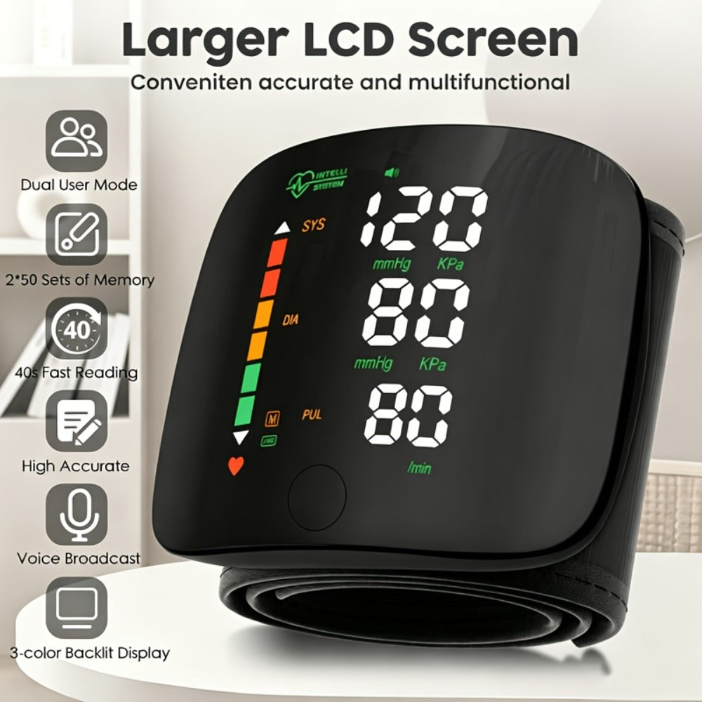 Wrist Blood Pressure Monitor Professional - Automatic BP Monitor with High-Precision LCD Display, Voice Language Prompts & Memory Function, Clinically Accurate for Medical & Home Use, Senior Gift