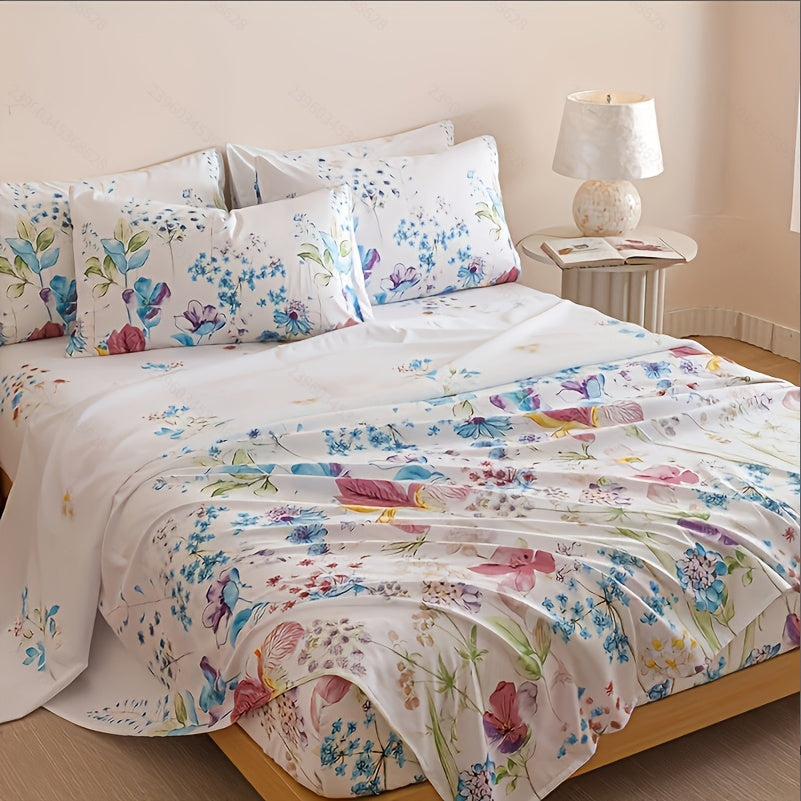Floral Bedding Set 4-Piece ¨C 1 Fitted Sheet + 1 Flat Sheet + 2 Pillowcases | Soft Breathable Polyester | All-Season Flower Print Bed Sheet Set | Machine Washable | Twin Full Queen King