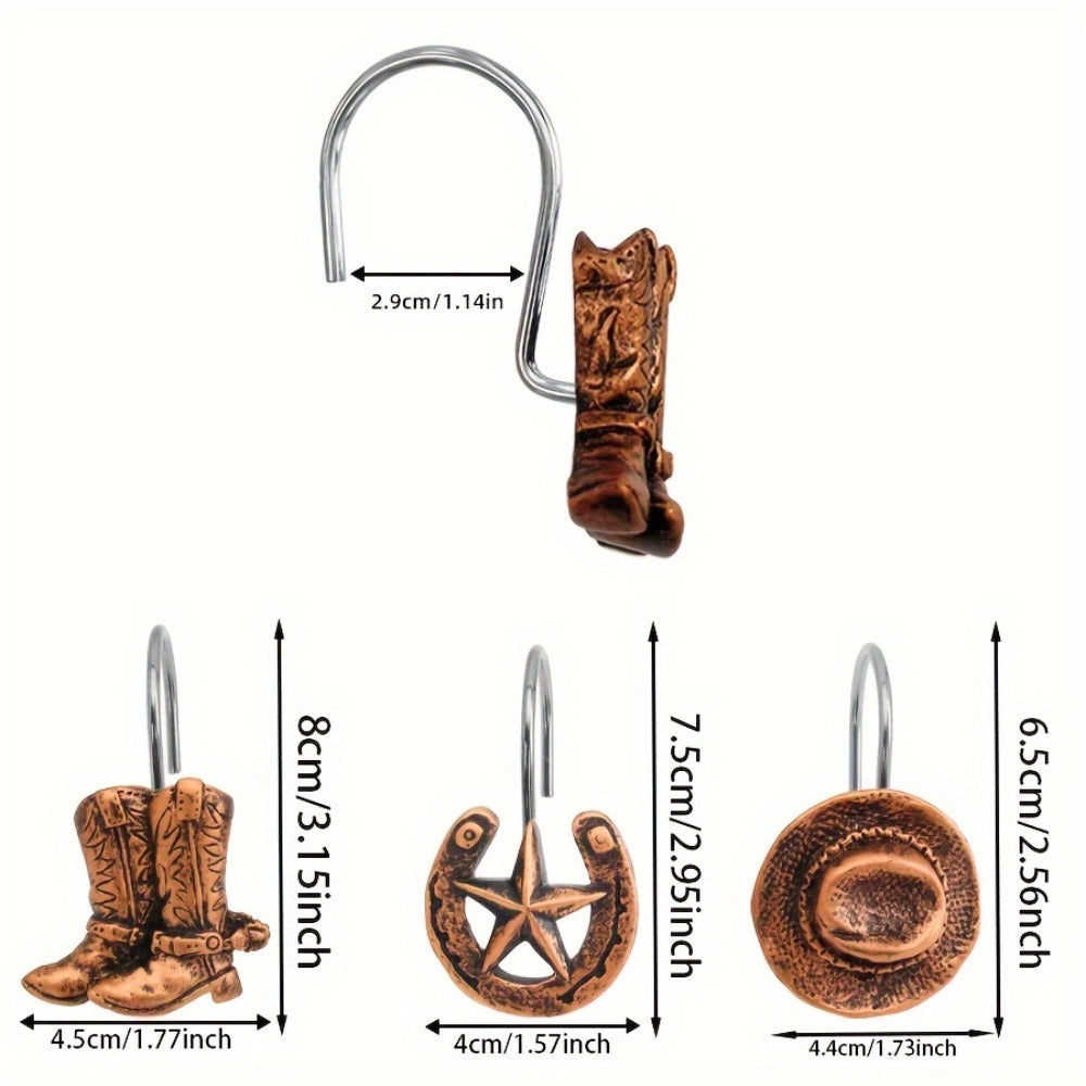 Shower Curtain Hooks Western Cowboy Farmhouse Style - 12 Pack Vintage Metal Resin Bathroom Accessories with Horse Boots Hats Star Patterns