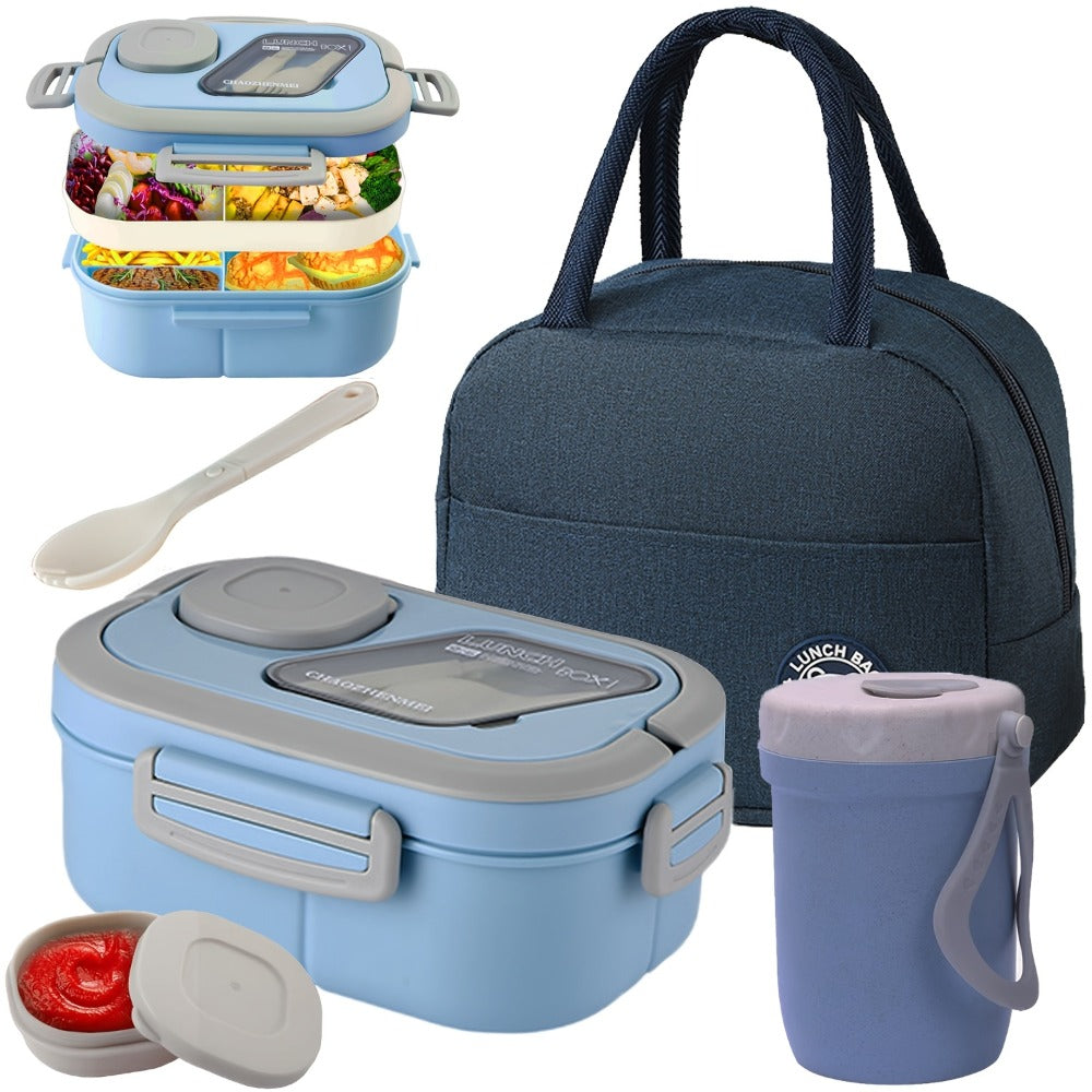2-Layer Bento Lunch Box Set with Cup and Meal Bag - Multi-Grid Lunch Box for School, Office & Outdoor Picnics, Food Storage Container with Milk Cup, Salad Cup, Coffee Cup or Soup Bowl, Pink Blue Green White