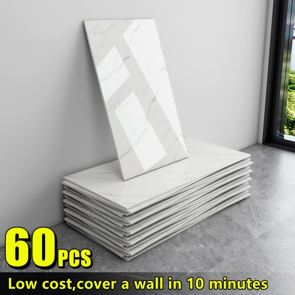 Marble Peel and Stick Wall Panels Self-Adhesive 3D Decorative Tiles - Glossy Marble Sheets for Bathroom Kitchen Living Room - Removable Vinyl Planks White Grey Black Imitation Stone DIY Home Decor