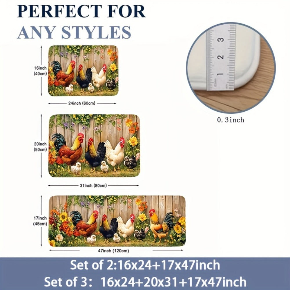Rooster Kitchen Rugs Set 1/2/3/4pcs Vintage Farmhouse Anti-Slip Floor Mats for Kitchen Bedroom Bathroom Living Room Laundry Room Entrance