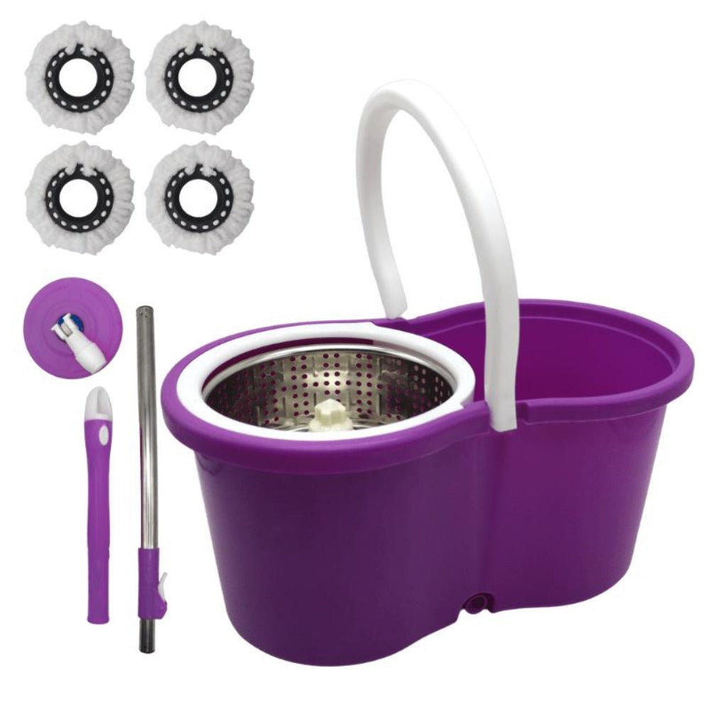 360 Spin Mop and Bucket Set with Wringer - Stainless Steel Extended Handle Spinning Mop Bucket System with Microfiber Mop Refills for Hardwood, Tile & Laminate Floor Cleaning, Black Blue Pink Red