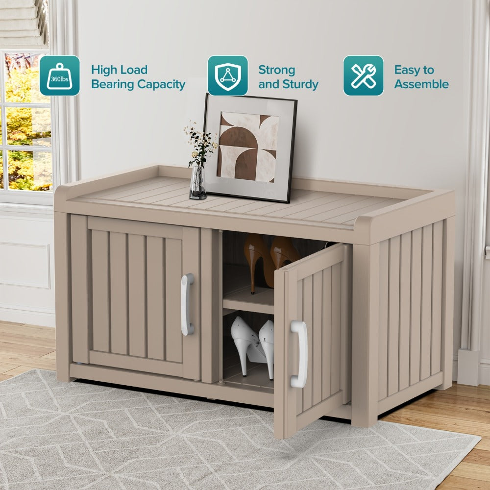 Shoe Storage Bench with Hidden Cabinet Entryway Bench All-Weather Resin Indoor Outdoor Porch Patio Mudroom Hallway Organizer
