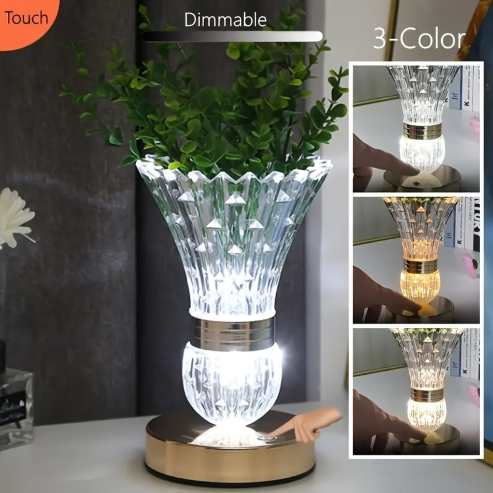 Crystal Vase Table Lamp Touch Control USB Rechargeable Adjustable Brightness Bedside Night Light
