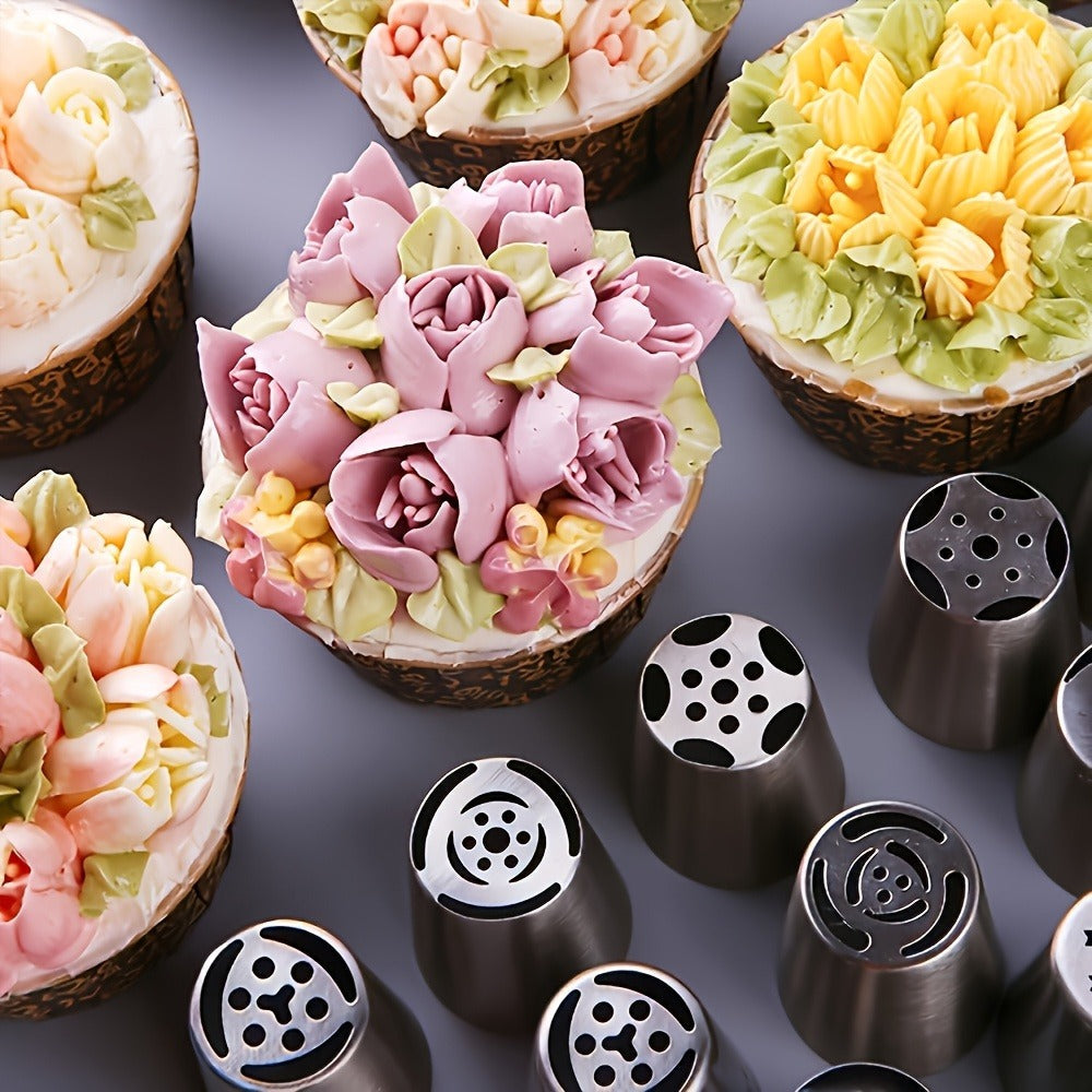 Russian Piping Nozzle Set 121pcs, 12 Flower Icing Tips, 2 Leaf Piping Tips, 2 Couplers and 100 Piping Bags, Cake Decorating Tools for Cupcake Cookie Frosting, Baking Supplies for Home and Professional Bakers